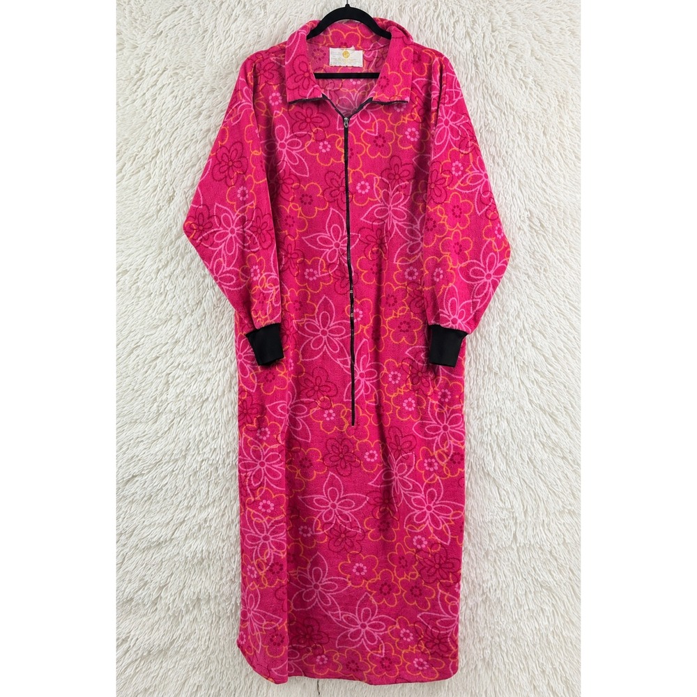 Vintage Stan Herman Pink Floral Full Length Zip Robe Housecoat